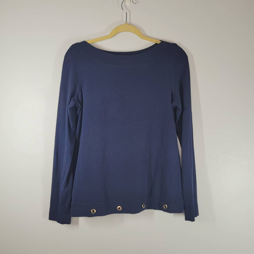 Lilly Pulitzer Top Tee Size S Boat Neck Long Sleeve Pullover Snap Up Hem Blue